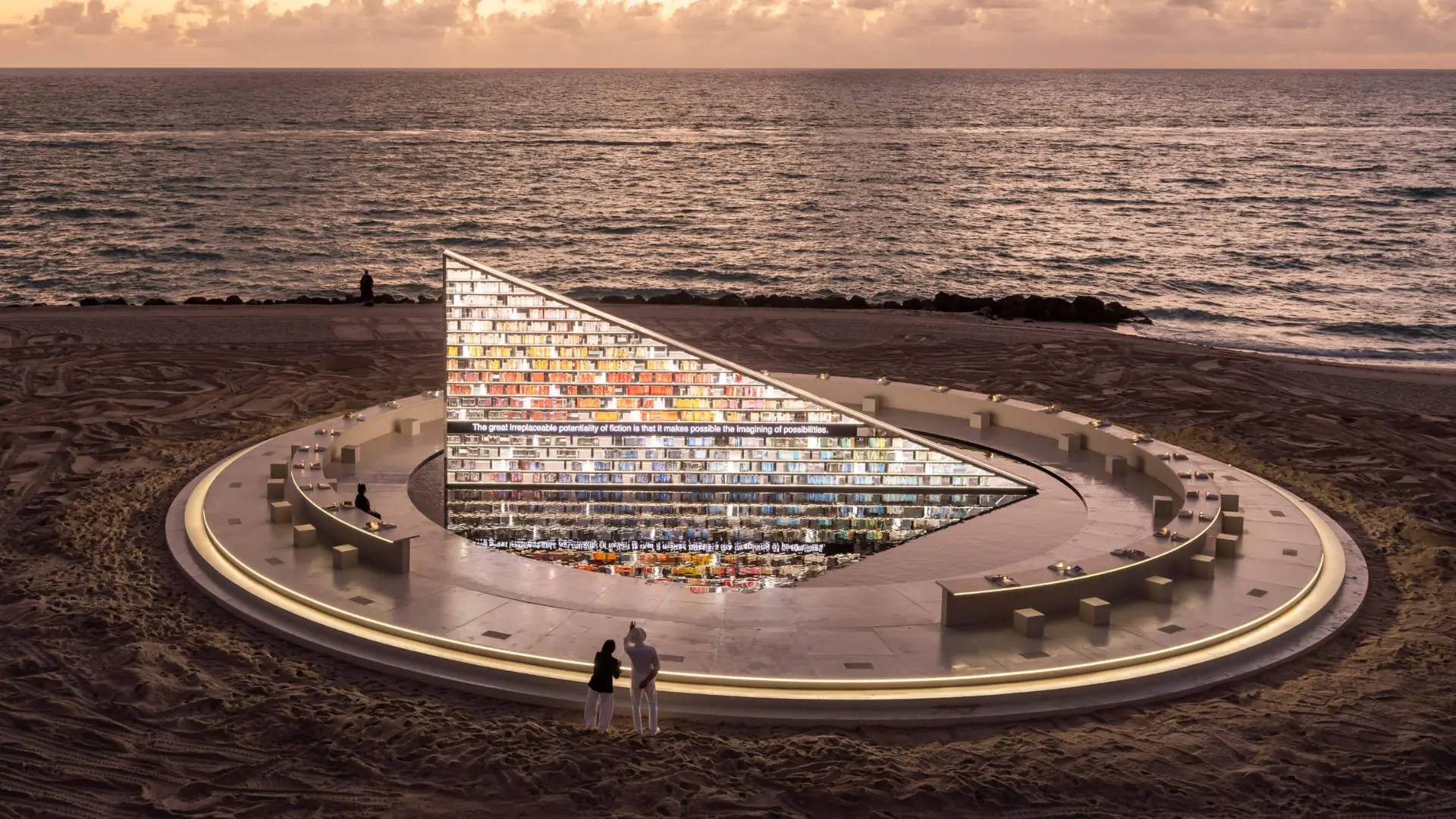 Sculptural art installation on Miami Beach at dusk