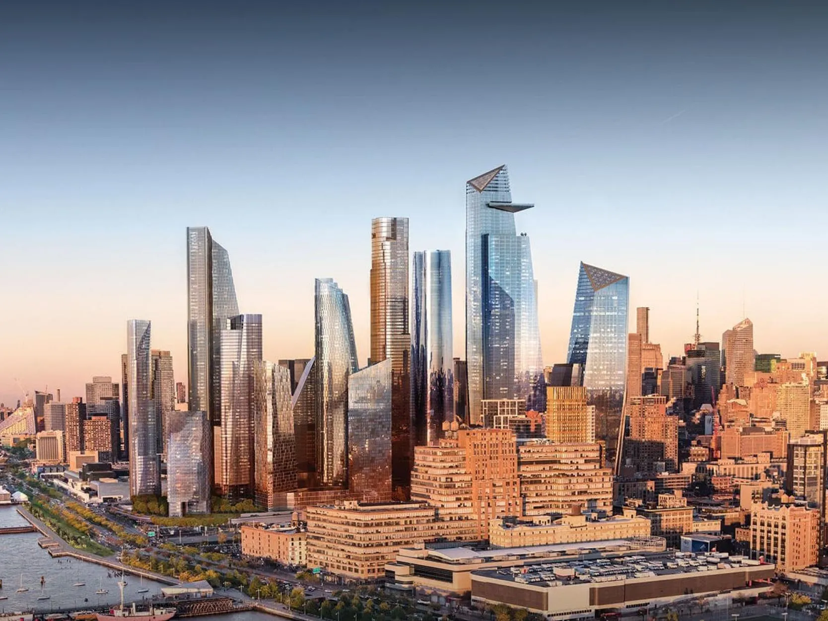 The Hudson Yards skyline on the Manhattan waterfront at sunset
