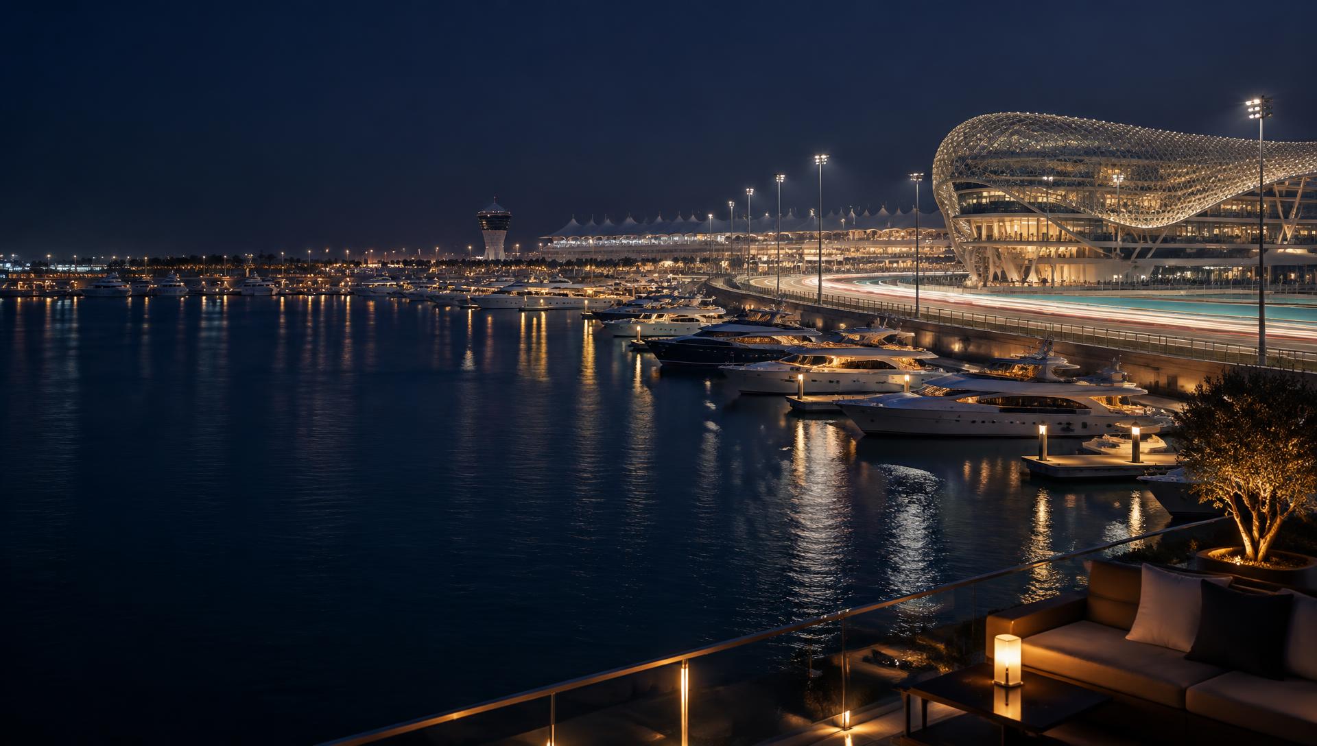 Yas Marina-inspired waterfront and trackside setting at night