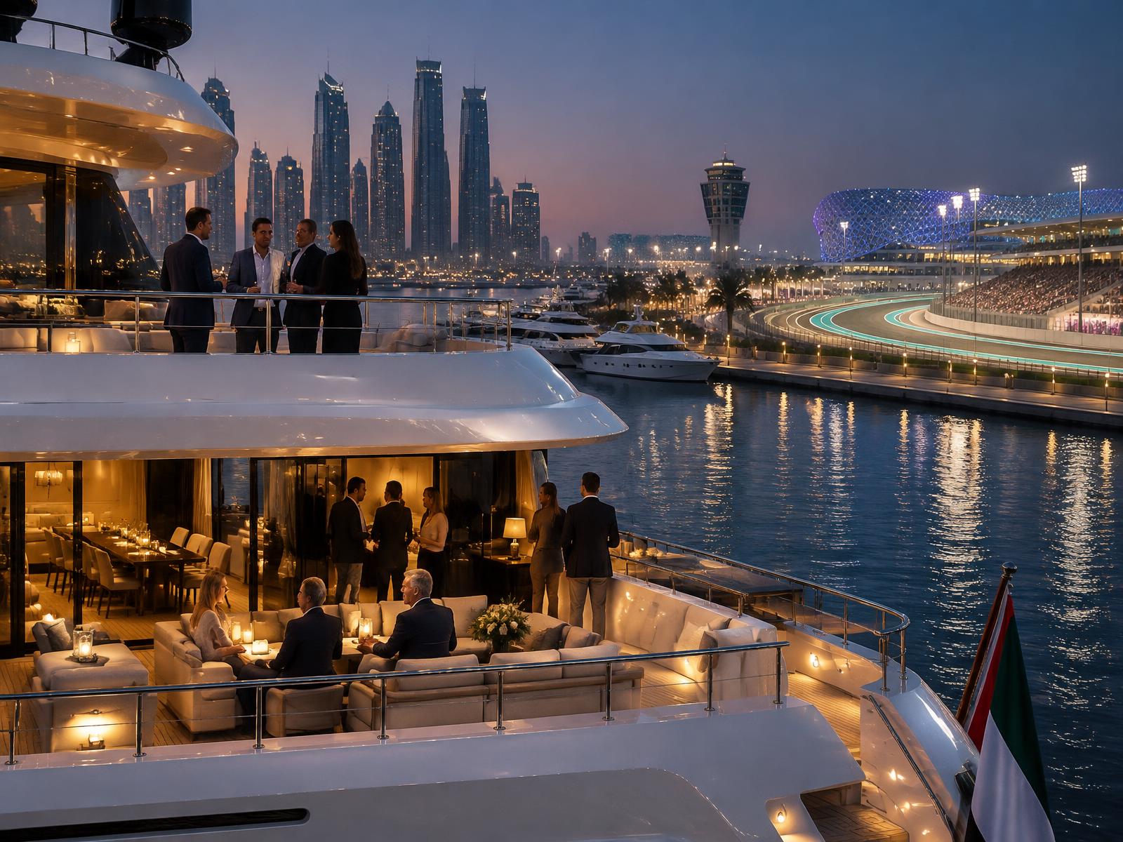 Private yacht hospitality at a Yas Marina-inspired trackside setting